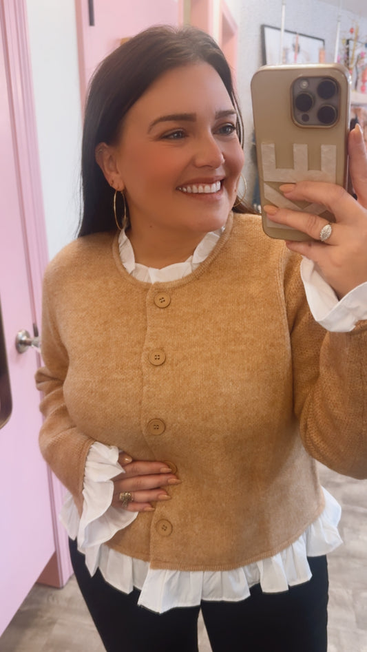 Long Live Button Up Sweater Cardigan - Latte/White