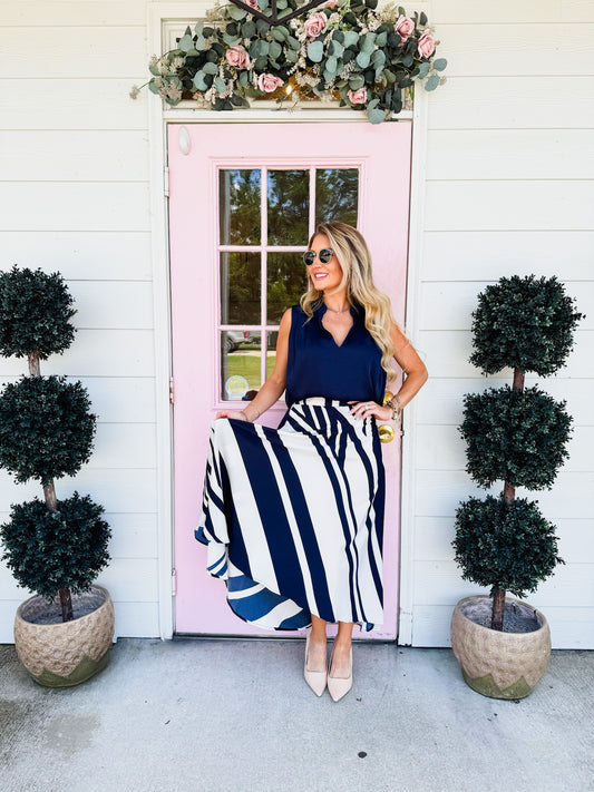 Business Casual Silk Pleated Sleeveless Top - Navy