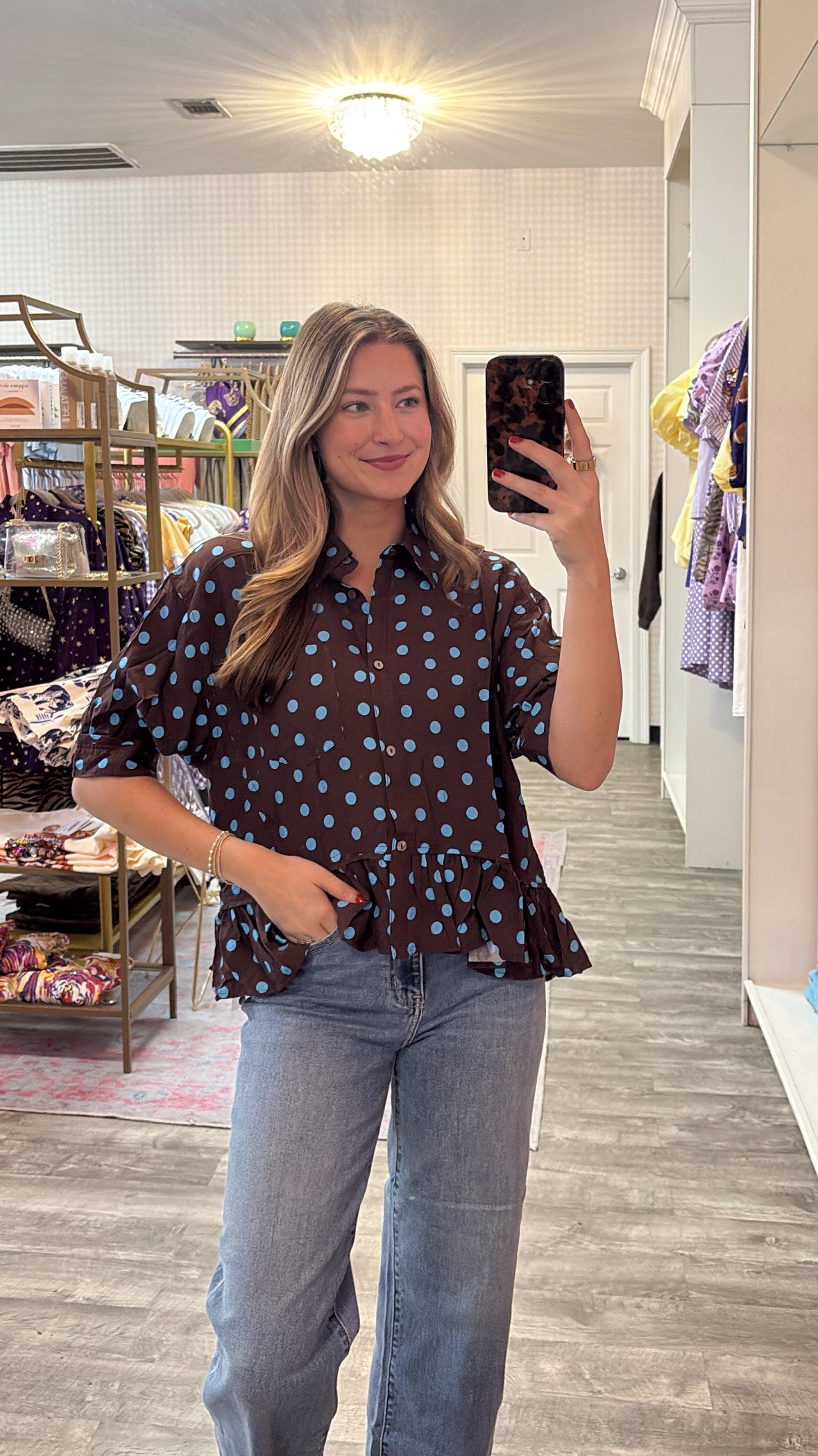 Turn Me Down Polka Dot Short Sleeve Button Up Top - Brown