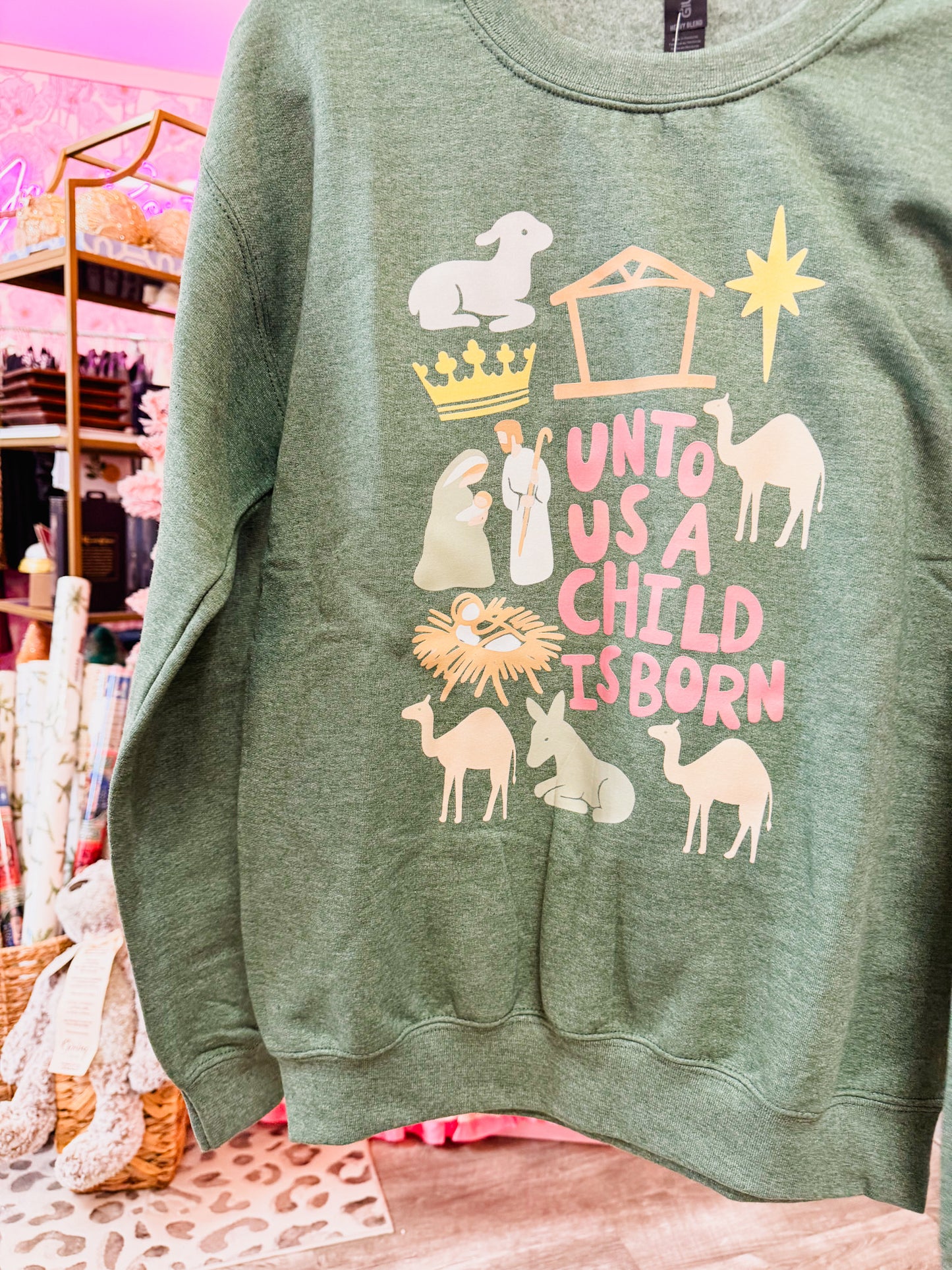 Unto Us A Child Is Born Sweatshirt - Heather Dark Green