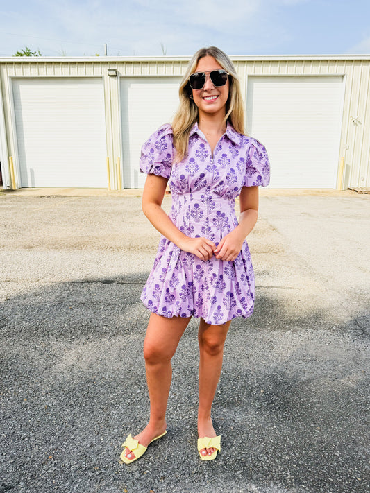 Winning Look Floral Print Puff Sleeve Bubble Hem Dress - Purple