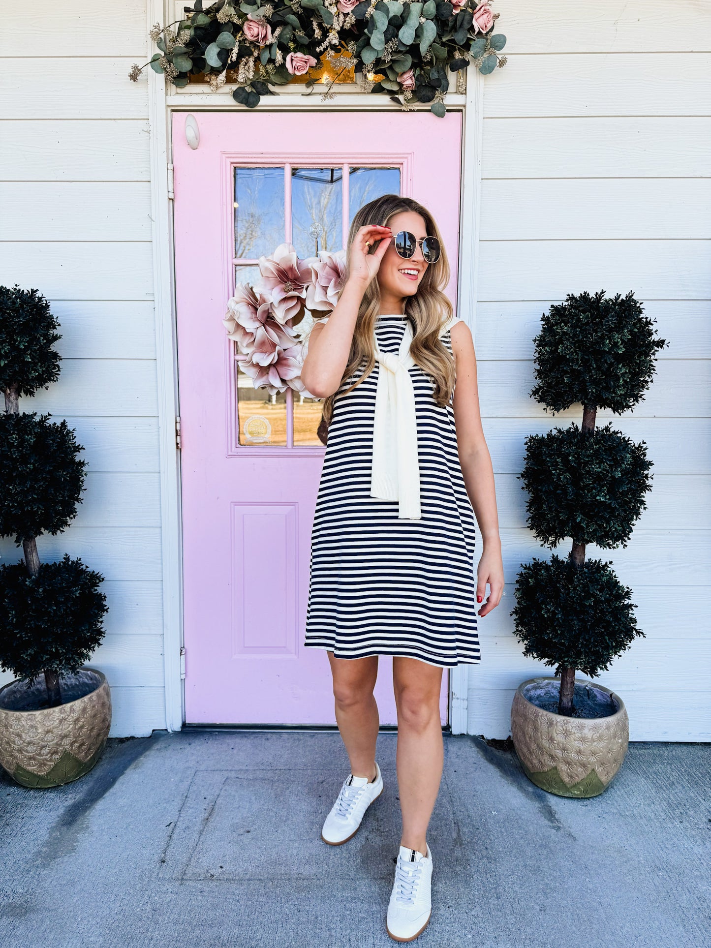 Set Match Striped Sleeveless Scarf Dress - Cream/Navy