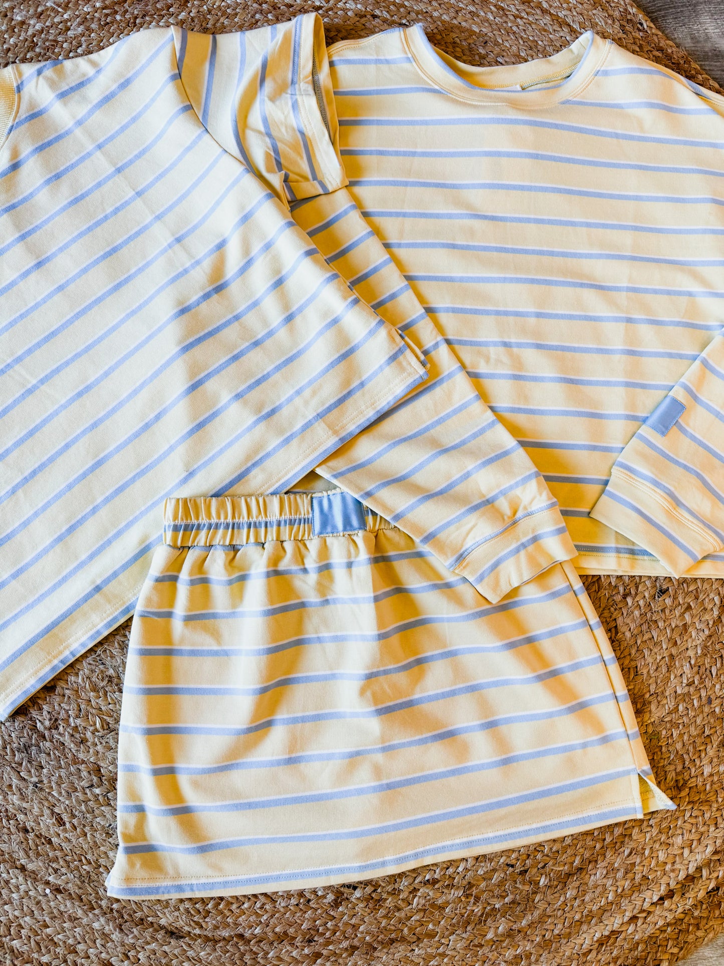 Chasing You Striped Boxy Drop Shoulder Lounge Sweatshirt Top - Yellow/Baby Blue