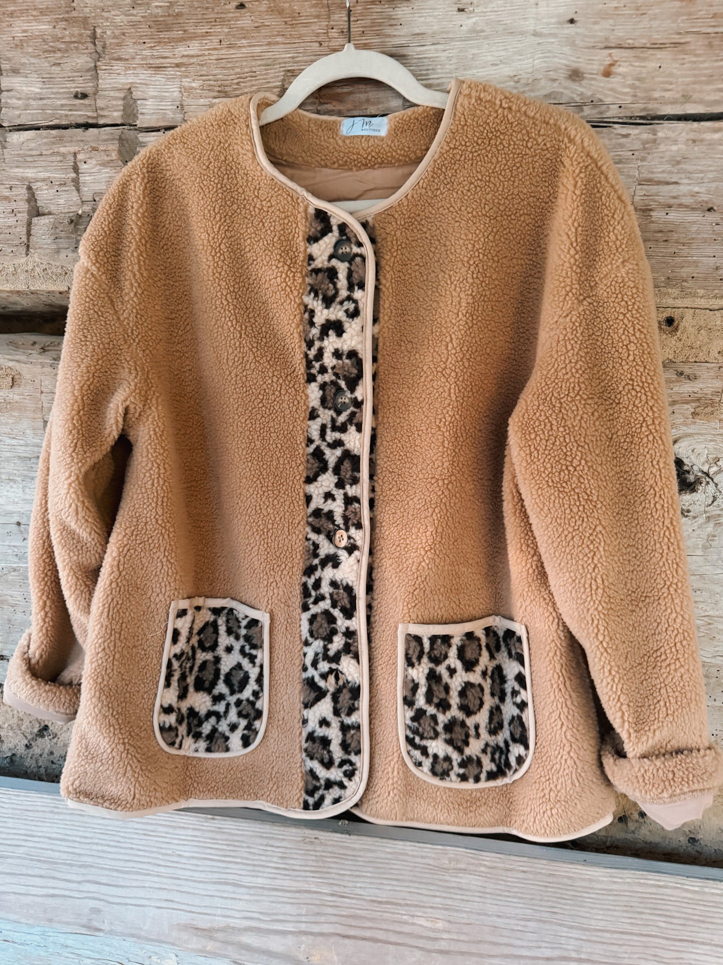 Leopard Trim Button Down Sherpa Jacket - Smoke Gray