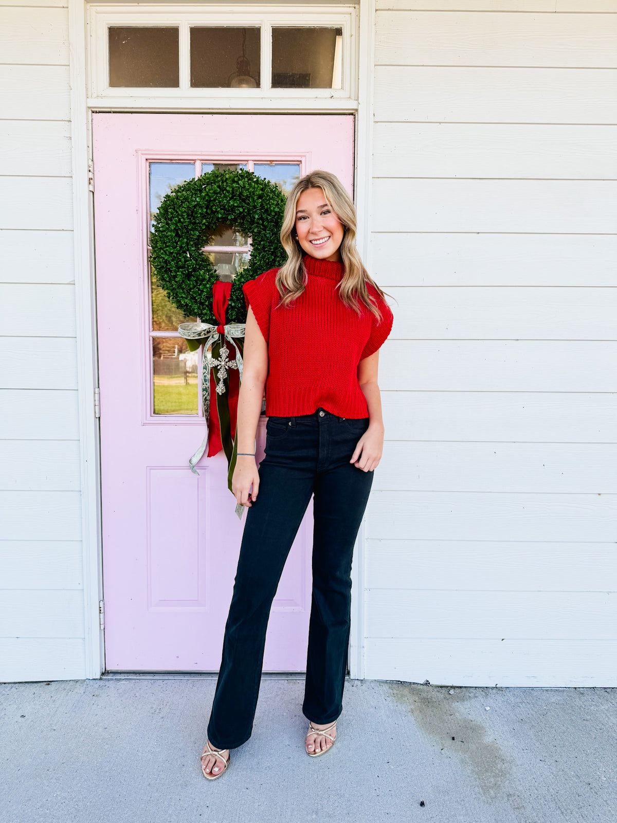 You Said Sleeveless Cropped Turtleneck Knit Sweater Top - Red