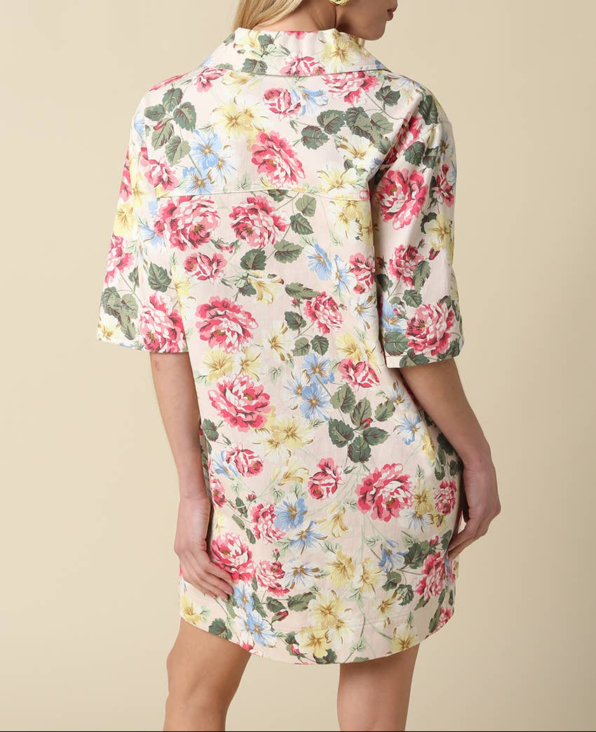 Lyla Floral Collared V-Neck Dress - Cream