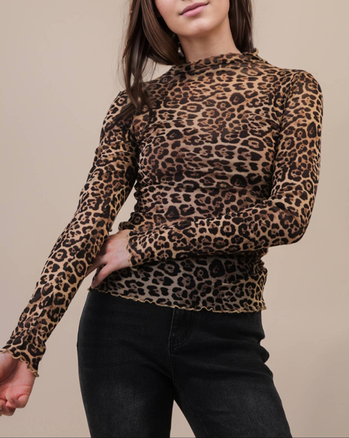 High Neck Fitted Sheer Lace Layering Top - Leopard