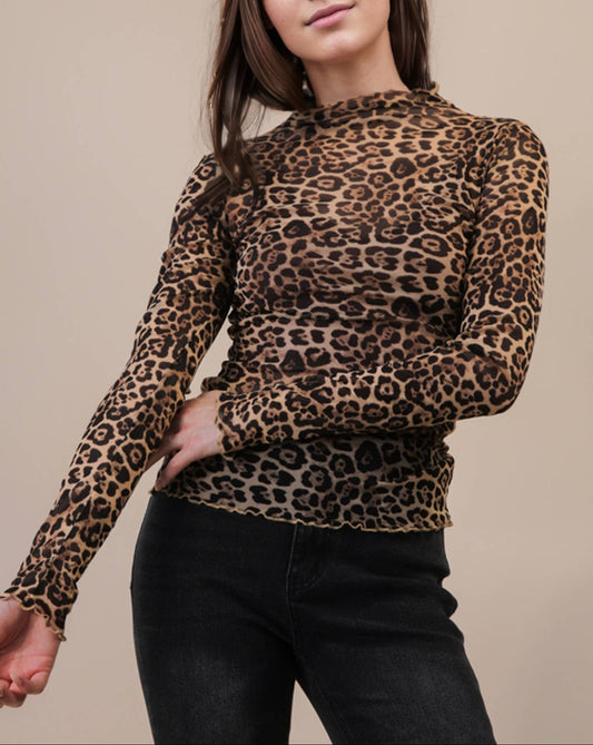 High Neck Fitted Sheer Lace Layering Top - Leopard