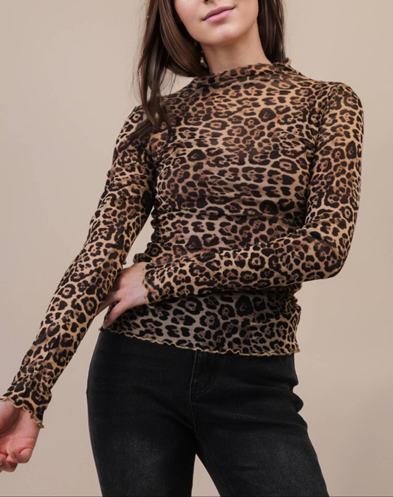 High Neck Fitted Sheer Lace Layering Top - Leopard