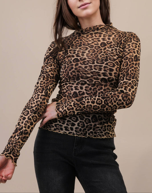 High Neck Fitted Sheer Lace Layering Top - Leopard