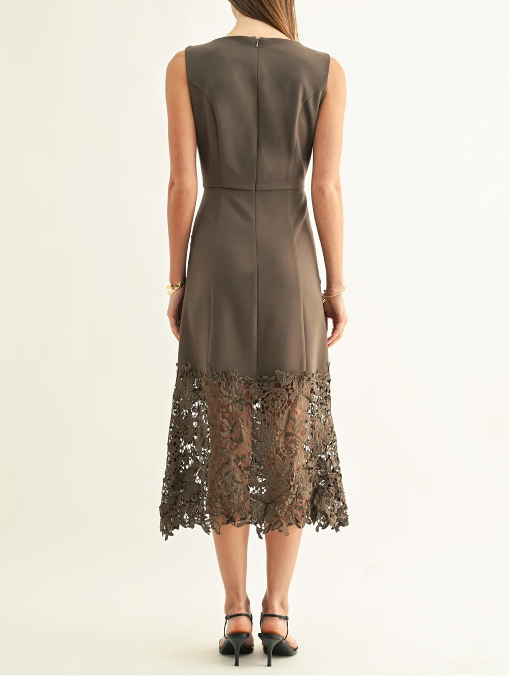 Sara Ruffled Lace Hem Midi Dress - Espresso