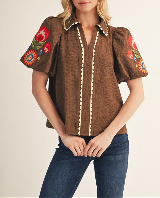Inner Circle Embroidered Textured Top - Brown