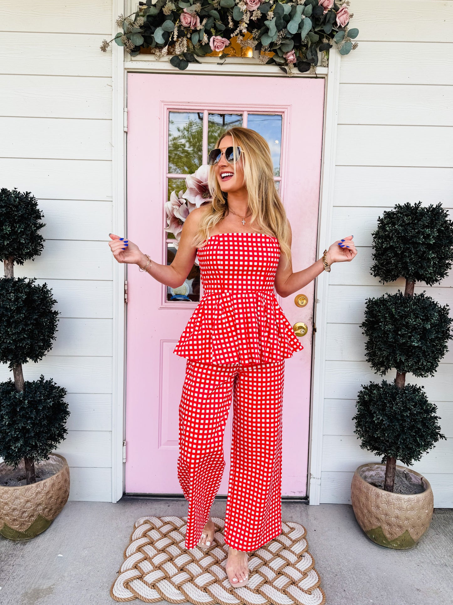 Pick Me Checkered Strapless Peplum Top - Red