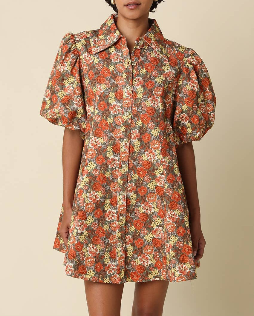 Lara Floral Puff Sleeve Mini Dress - Grey Rust