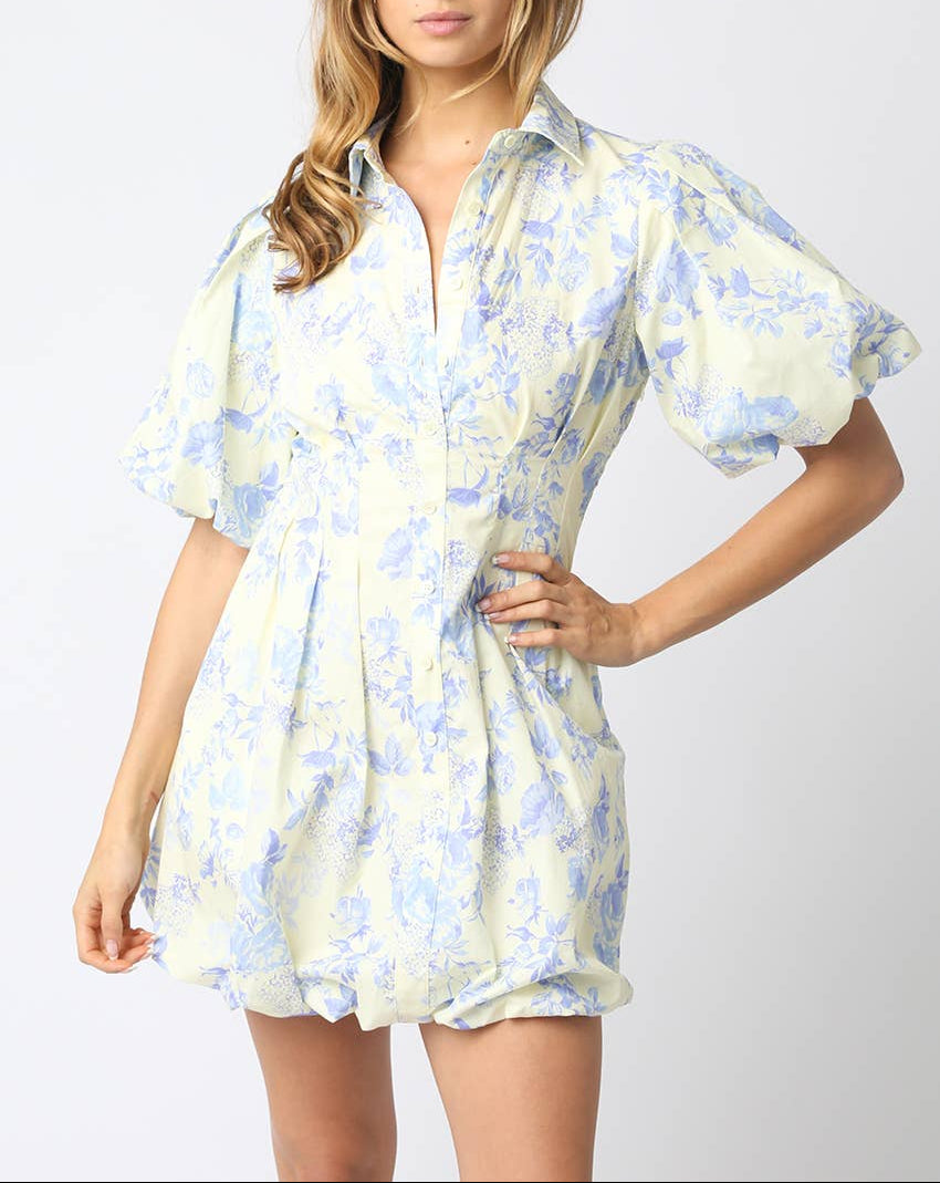 Emily Floral Puff Dress - Cream Blue