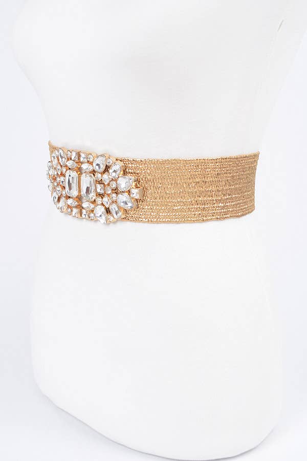 Multi Stone Metallic Straw Stretch Belt - Gold