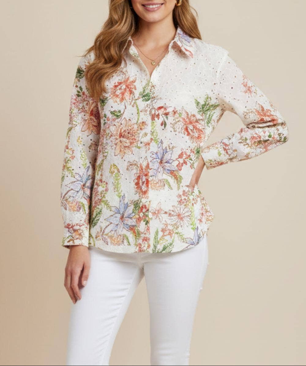 Take A Seat Eyelet Floral Print Button Up Top - Cream Multi