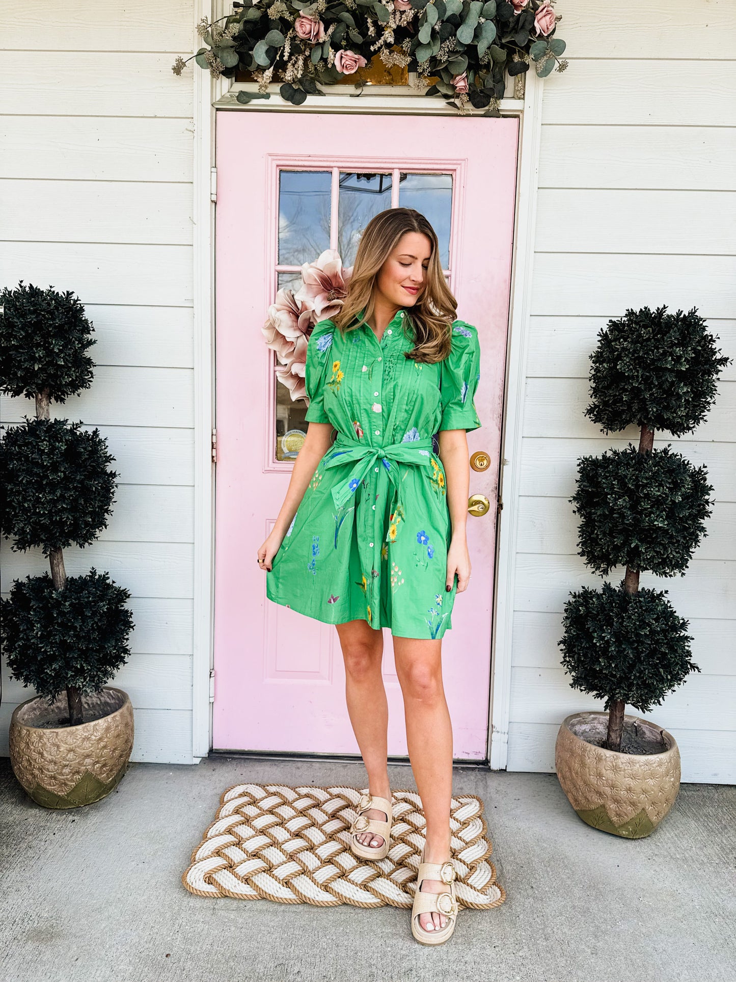 Sunday Funday Floral Tie Waist Dress - Green