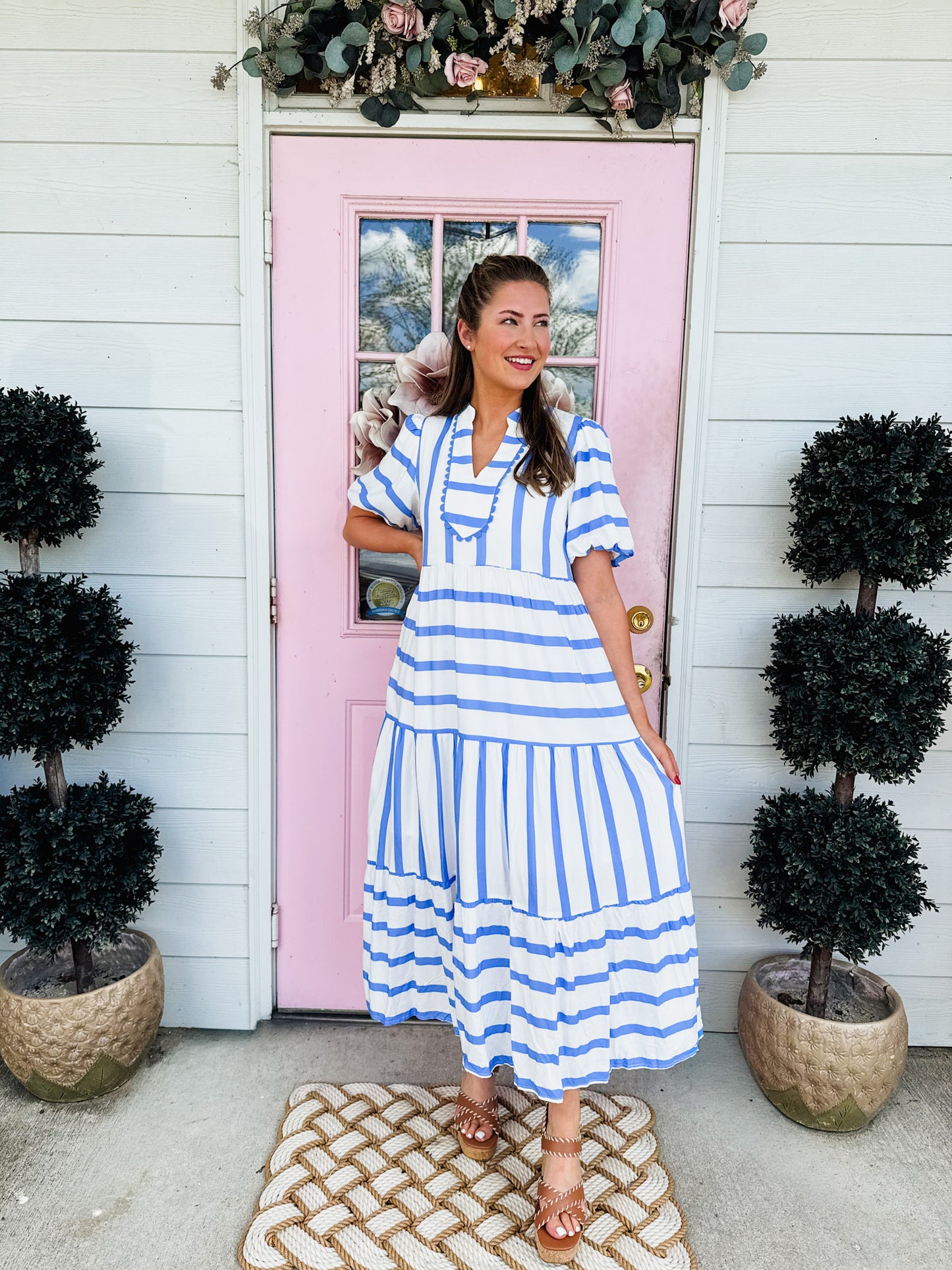 On Holiday Stripe RicRac Trim Notched Neck Dress - Sky Blue
