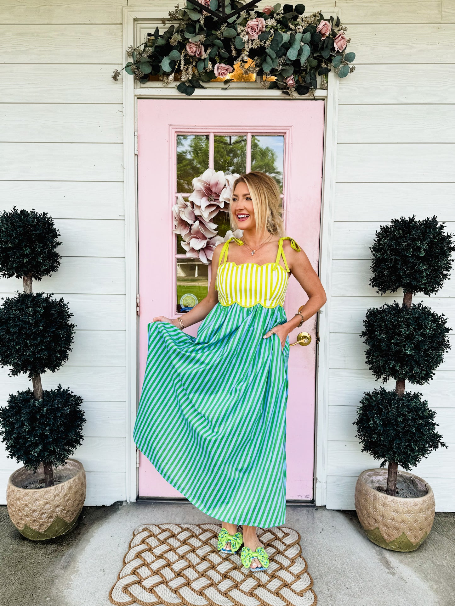 Deep Dive Striped Scalloped Midi Dress - Kiwi Green