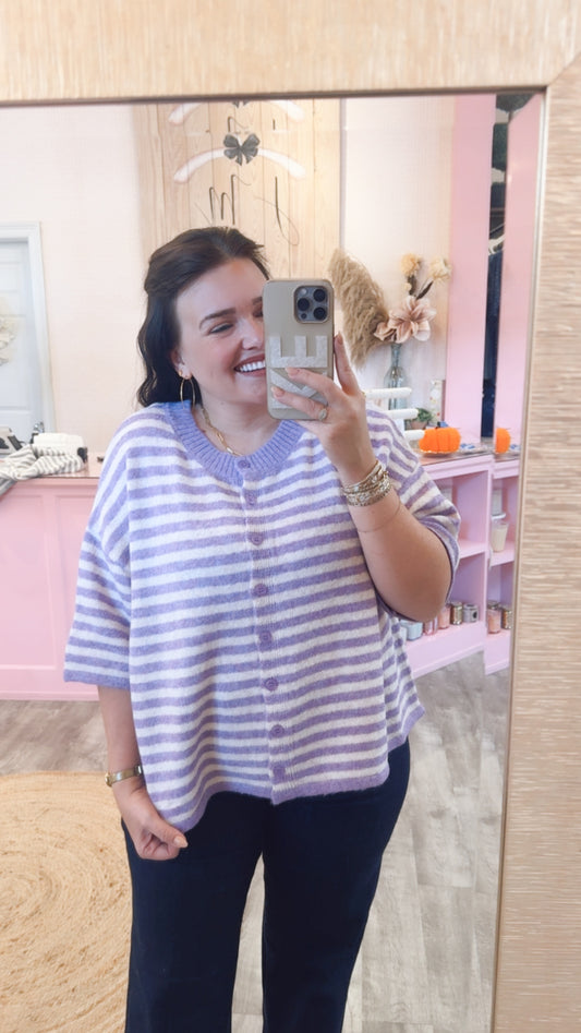 Major News Striped Half Sleeve Cardigan Sweater - Violet