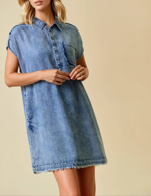 She's From Texas Tencel Denim Short Sleeve Shirt Dress - Dark Denim