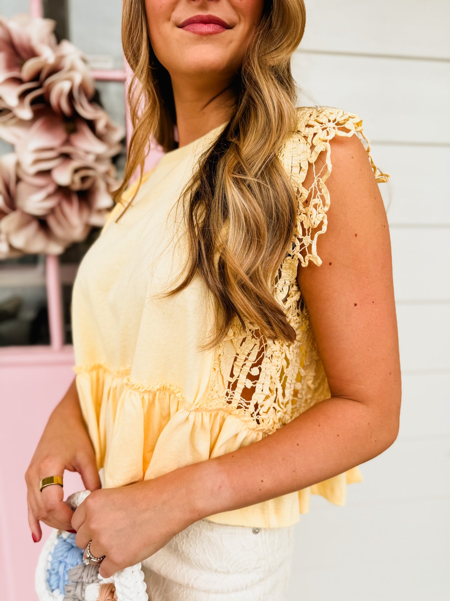 Roadtrip Side Lace Trim Ruffle Hem Top - Butter Yellow