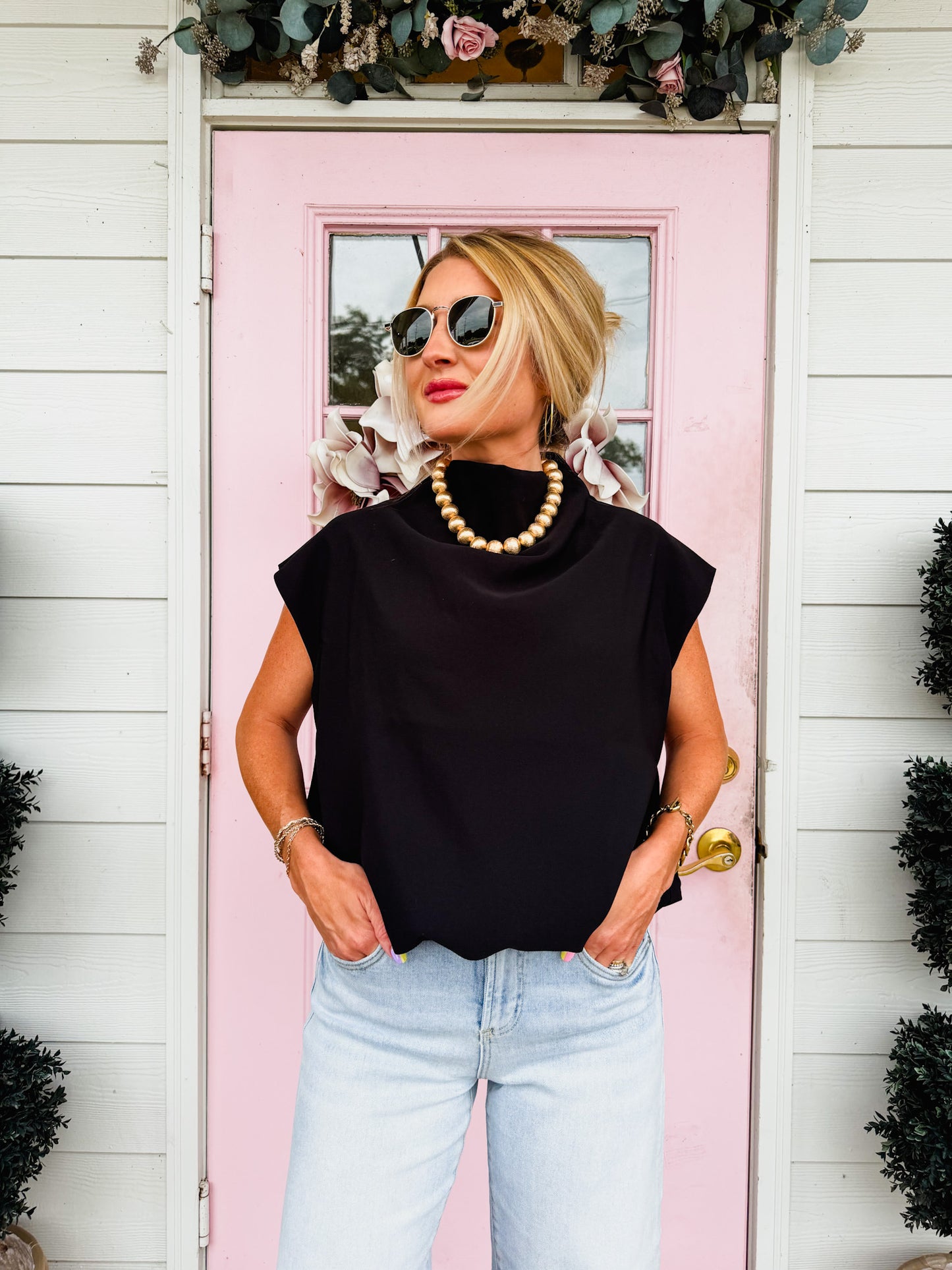 Day Dream Mock Neck Balloon Top - Black