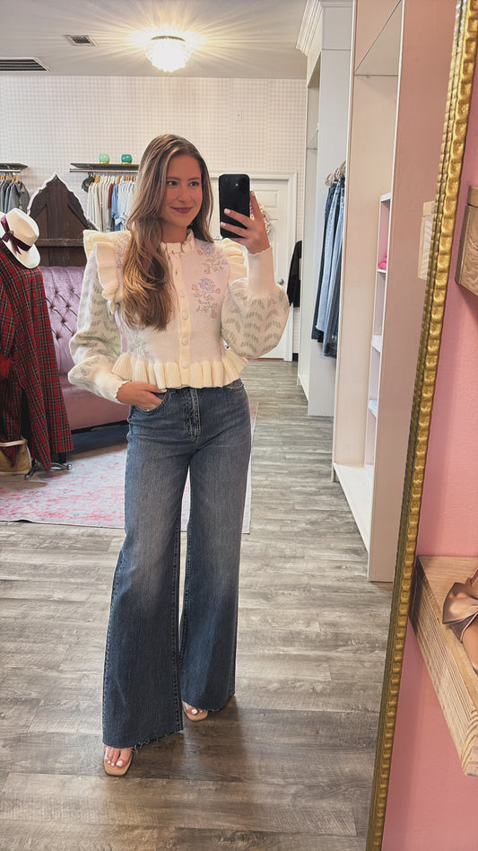 Sweet As Sugar Floral Print Ruffle Cardigan - Cream