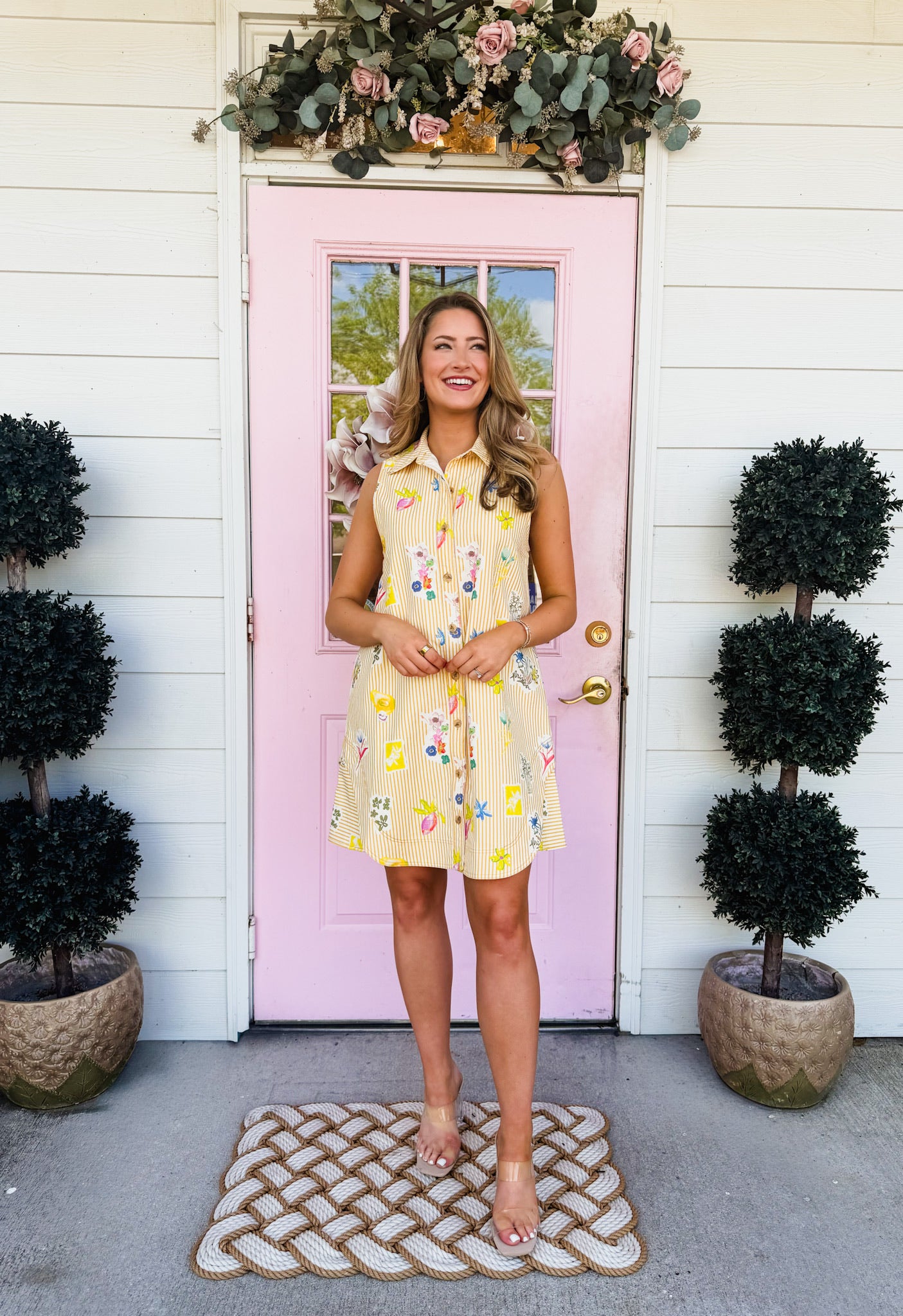 Into The Night Floral Striped Button Down Sleeveless Dress - Yellow