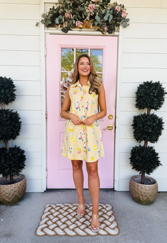 Into The Night Floral Striped Button Down Sleeveless Dress - Yellow