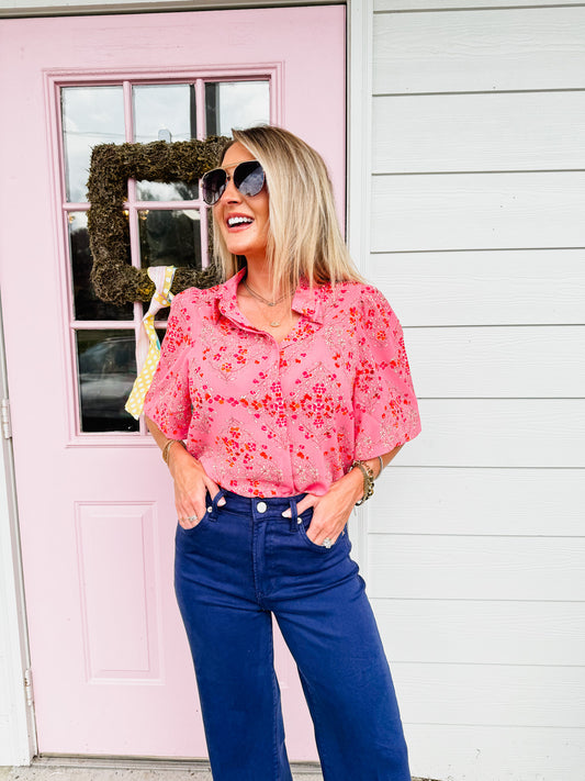 Wanting More Floral Print Front Button Top - Pink