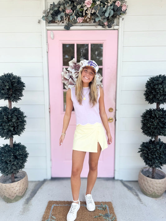 Good Day Sleeveless Knit with Contrast Scalloped Hem Top - Lavender/White