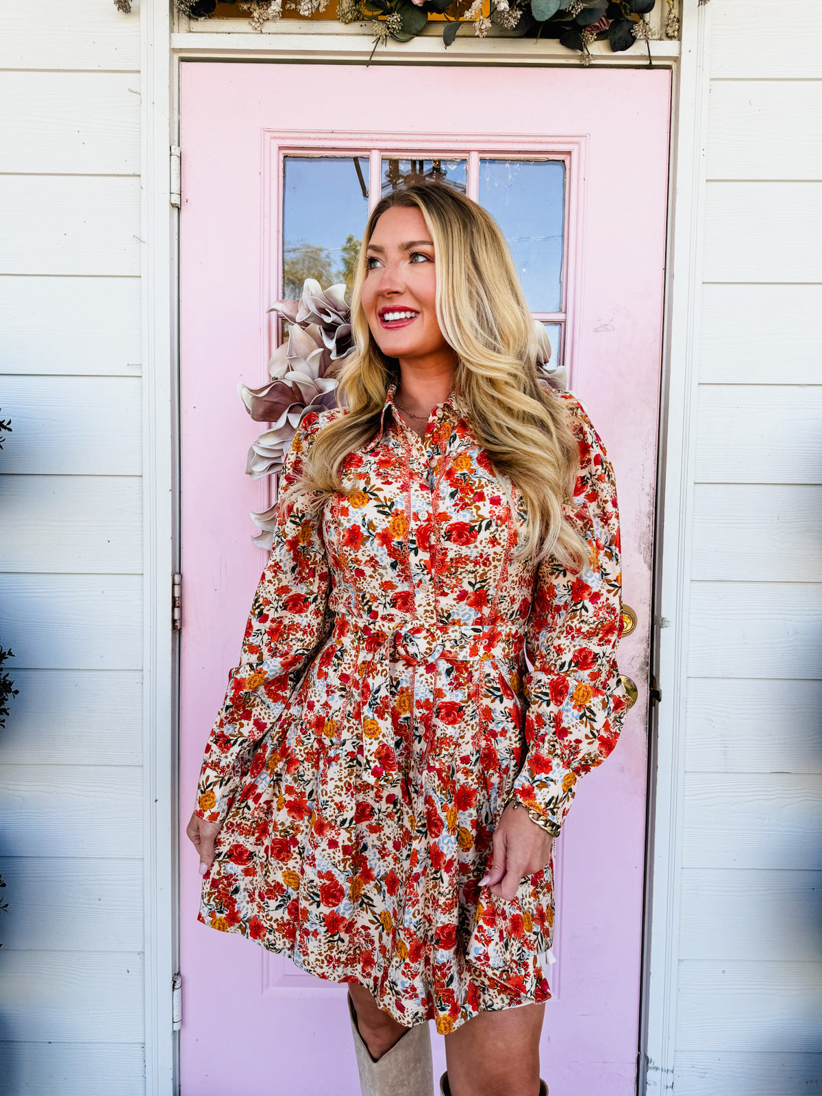 Believe It cream multi floral button-down shirt dress by FATE with a matching waist tie
