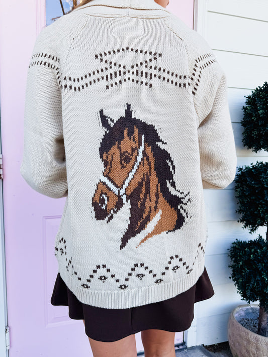 Run Wild Horse Jacquard Shawl Knit Cardigan - Ivory