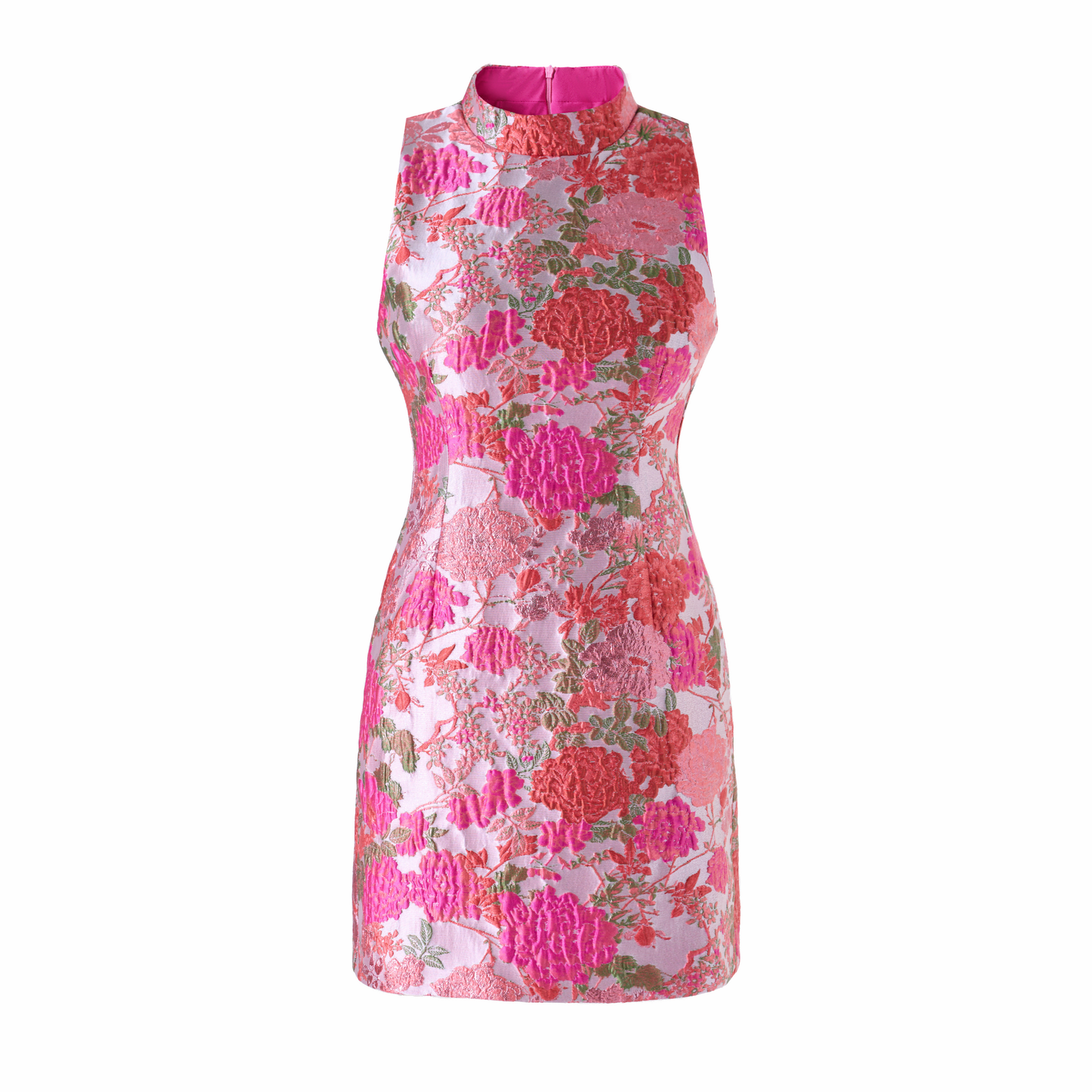 Trend Setter Embossed Floral Jacquard High Neck Mini Dress -  Pink