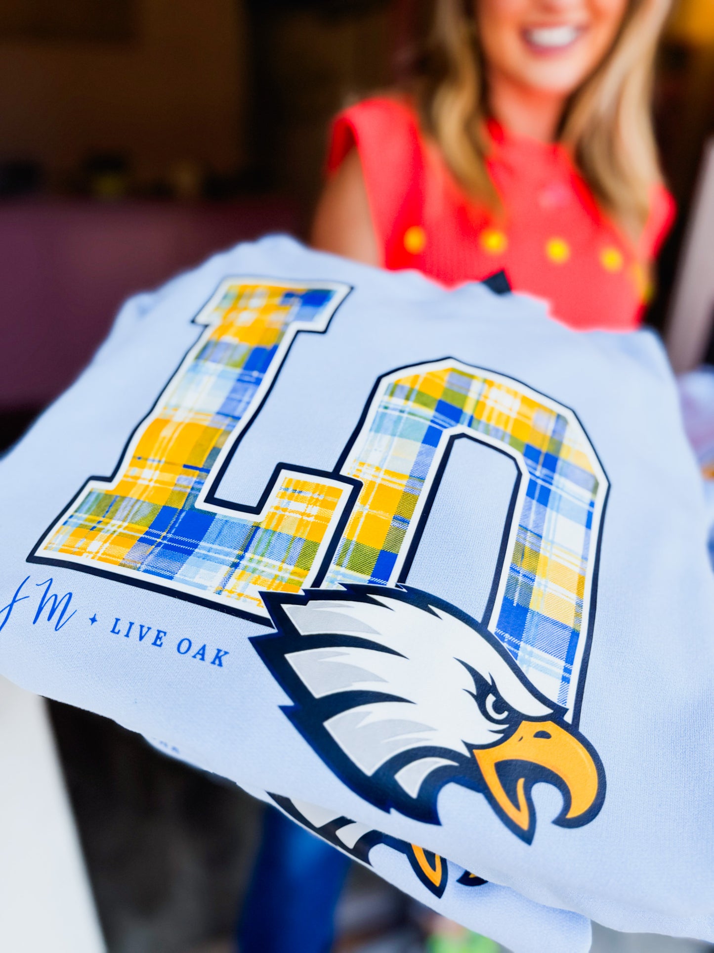 JM + Live Oak Plaid Logo Sweatshirt - Baby Blue