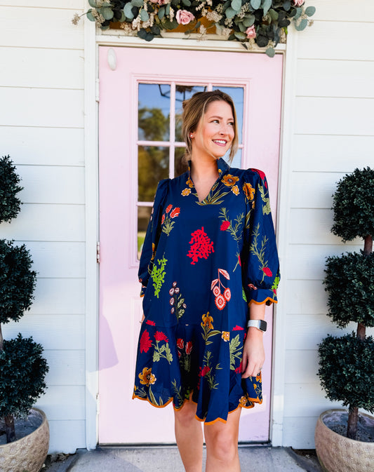 Work For It Floral Print Scallop Hem Dress - Navy