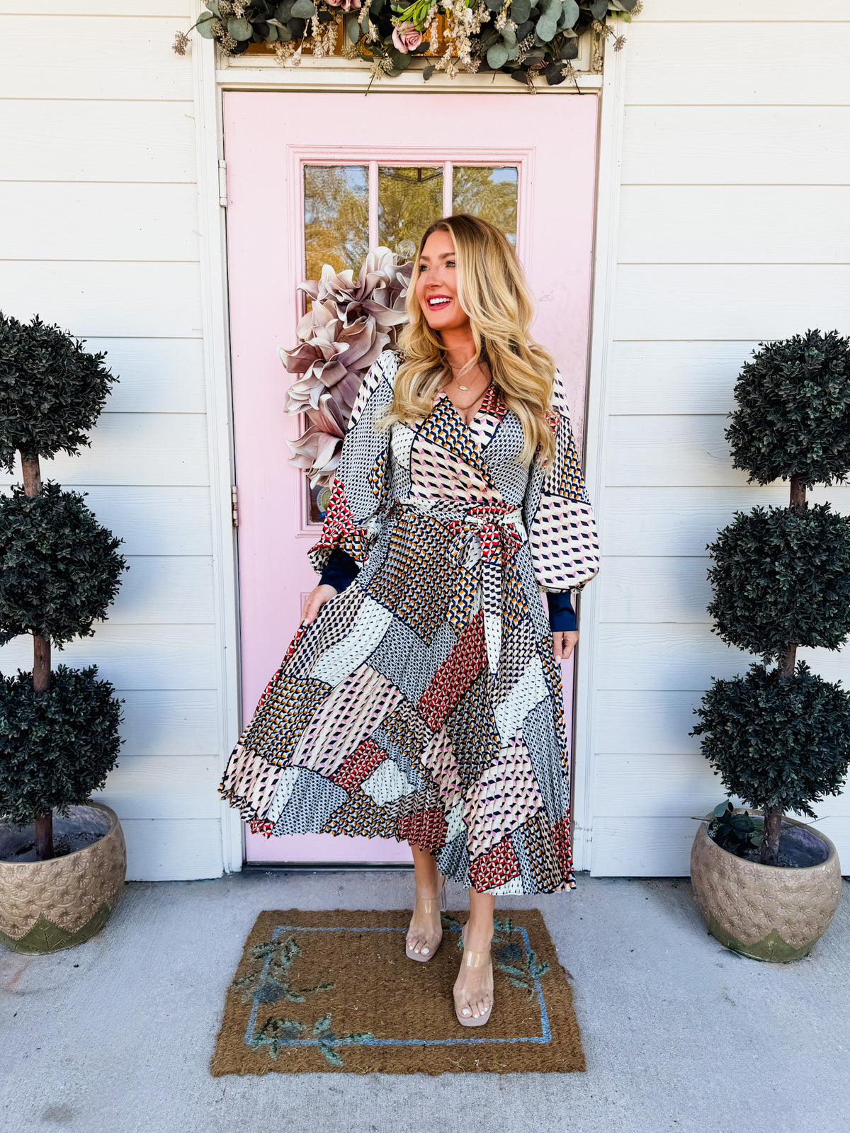 Mile Marker Patchwork Geometric Print Midi Dress - Navy Multi
