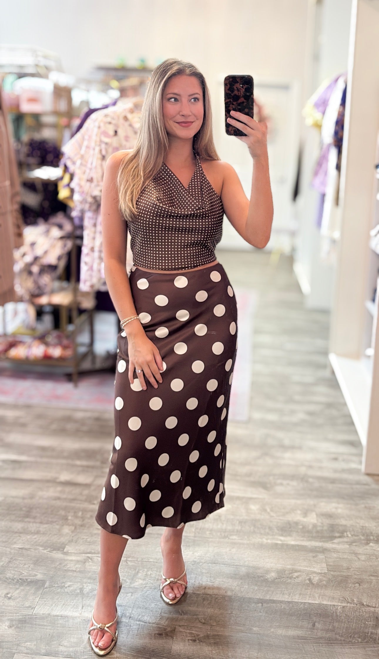 Miss You Halter Cowl Neck Polka Dot Open Back Top - Brown/White Dot