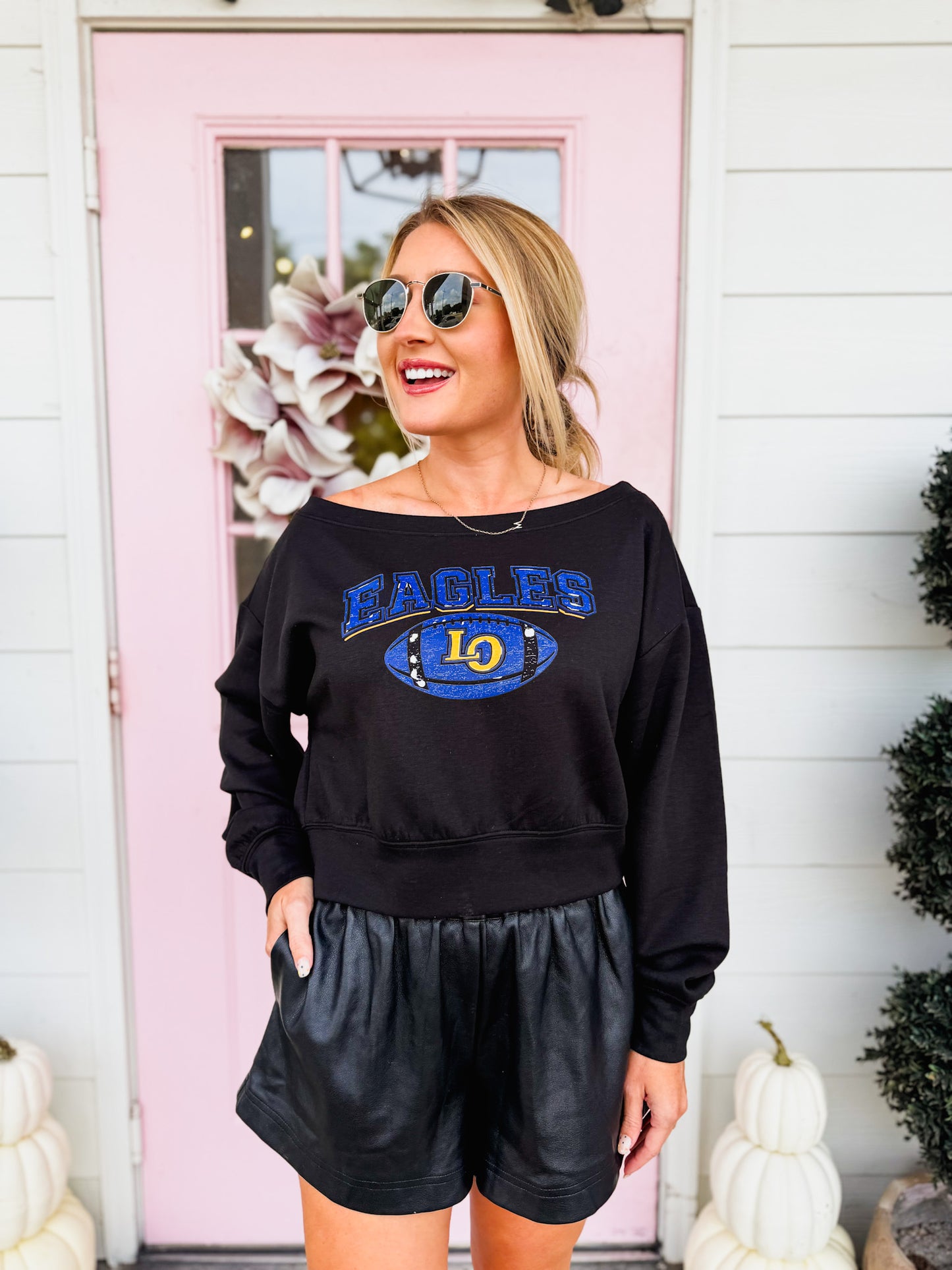 JM + Live Oak Eagles LO Football Logo Cropped Sweatshirt - Black - Adult