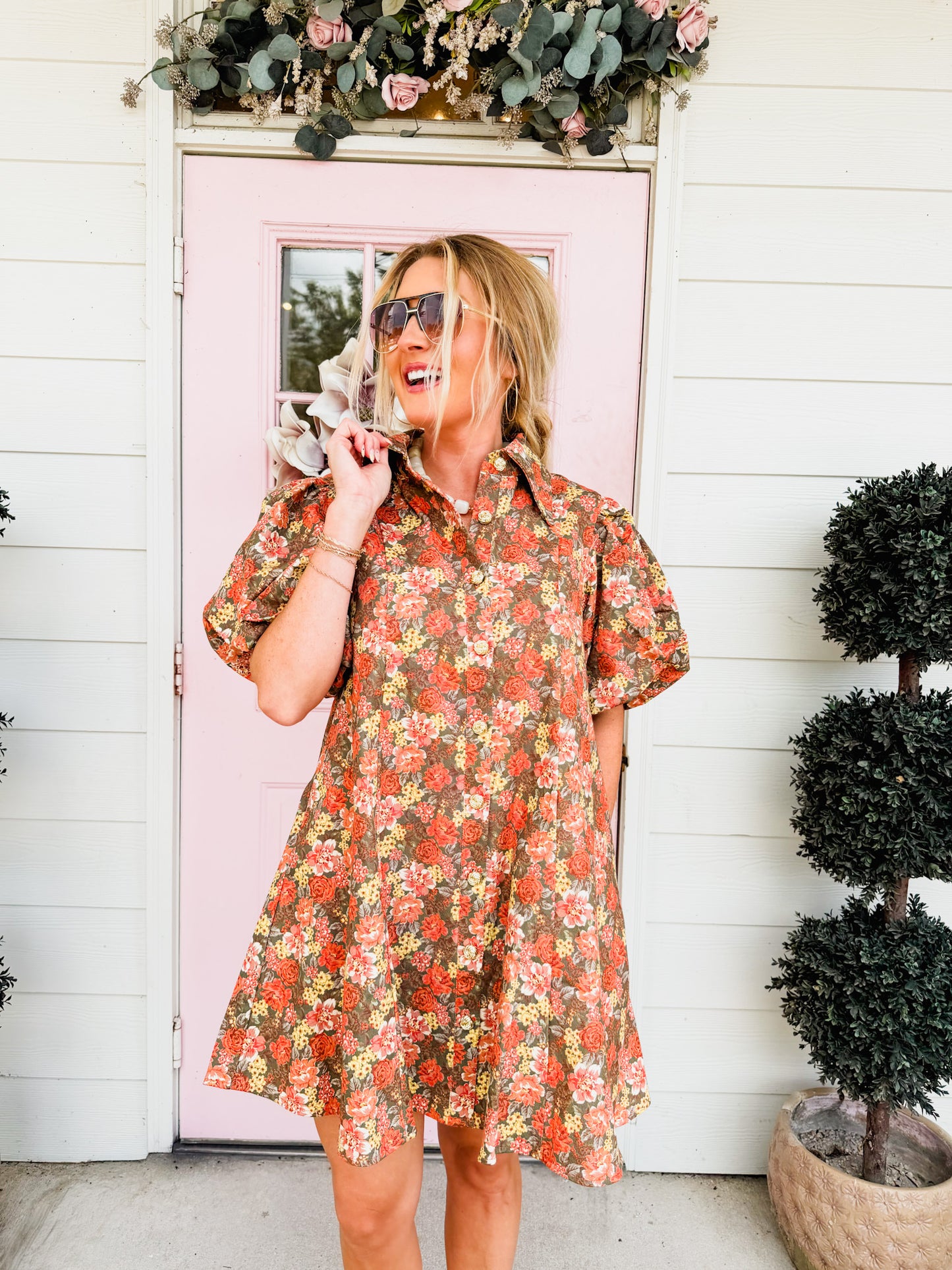 Lara Floral Puff Sleeve Mini Dress - Grey Rust