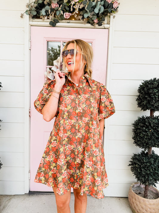 Lara Floral Puff Sleeve Mini Dress - Grey Rust