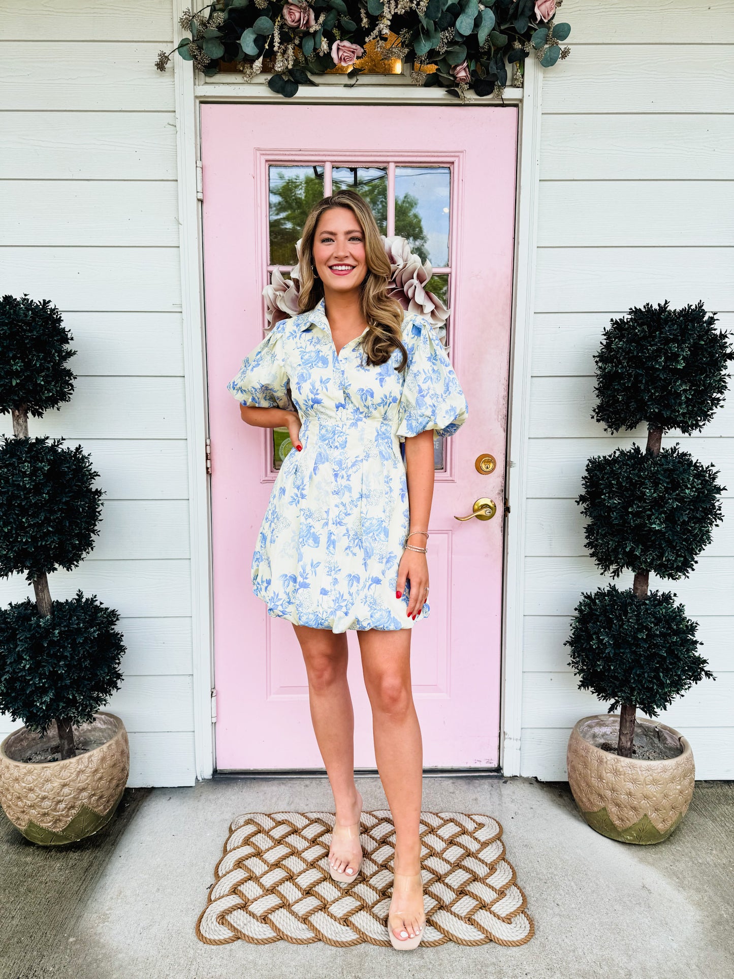 Emily Floral Puff Dress - Cream Blue