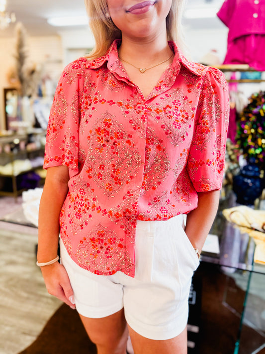 Rosy Cheeks Floral Print Short Sleeve Boxy Top - Rose Red