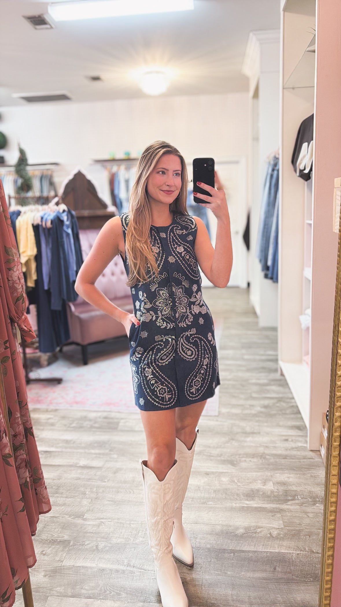 Queen of Sparkles Denim Sequin Paisley Button Up Tank Dress
