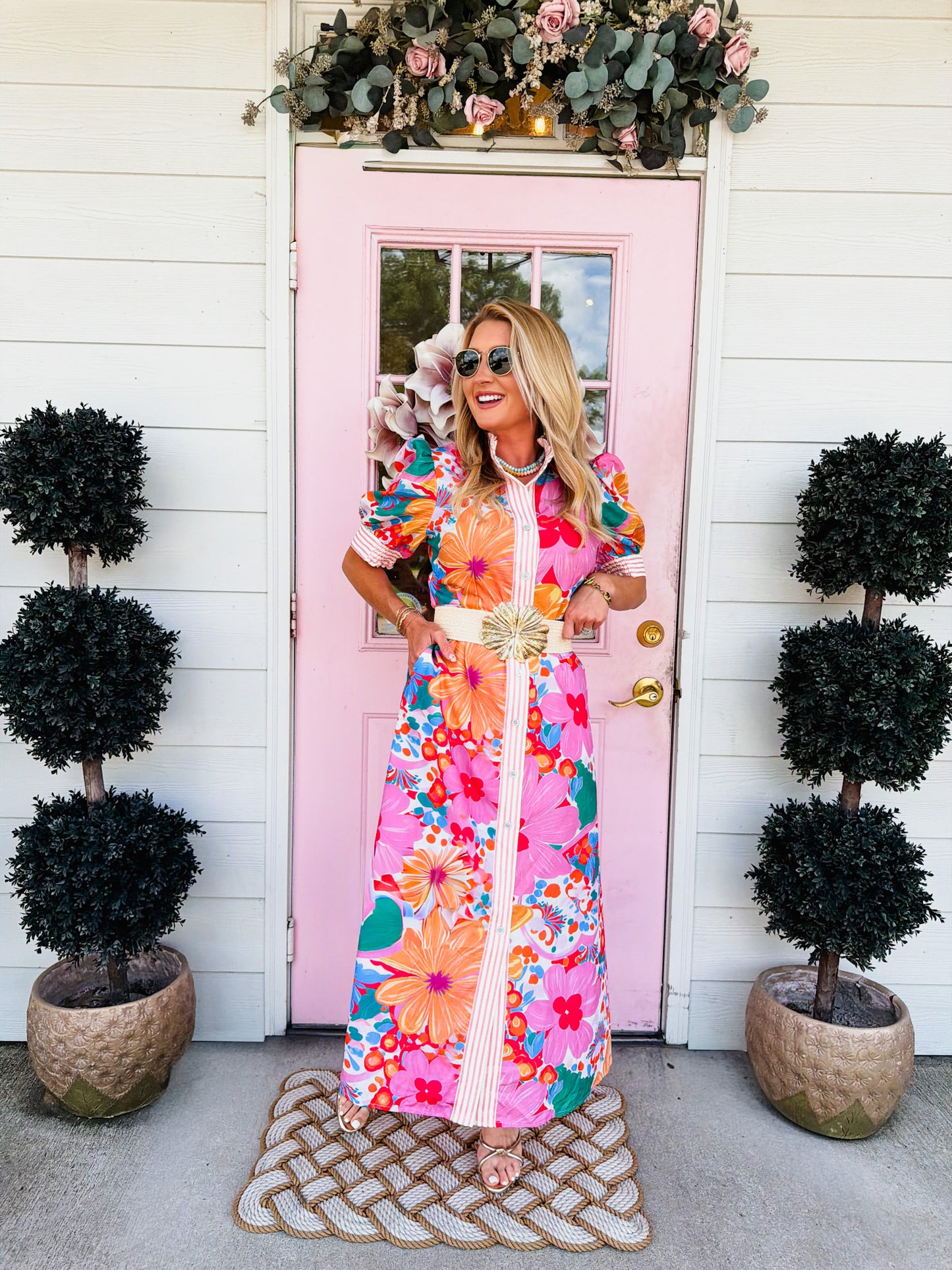 Floral Print Striped Trim Button Down Maxi Dress - Pink