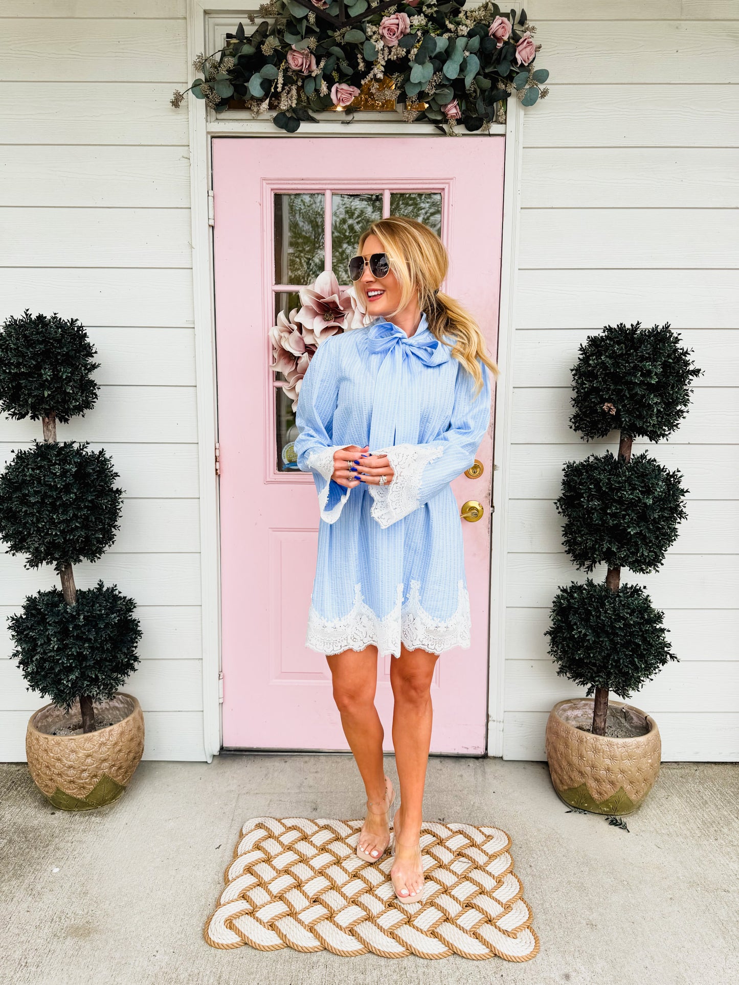 Victoria Neck Tie Lace Trim Stripe Mini Dress - Light Blue/White