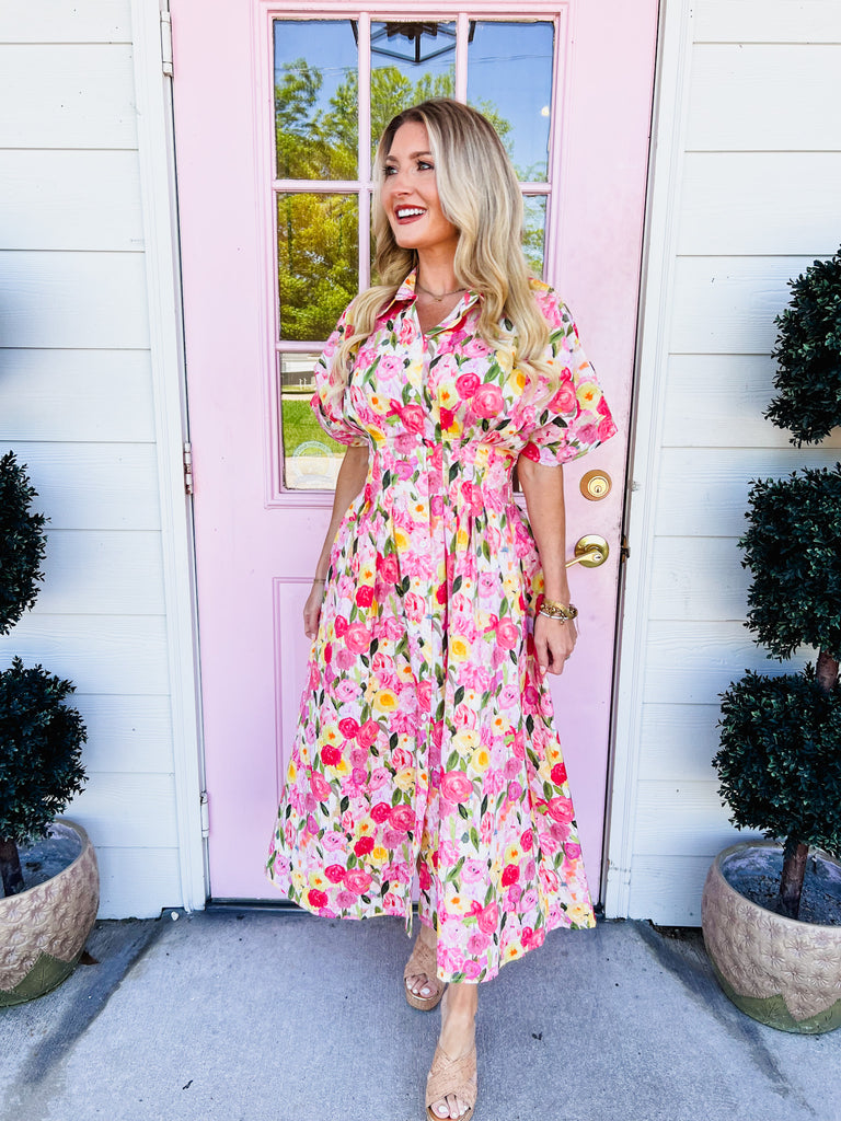 Happy Days Short Sleeve Floral Print Midi Dress - Pink
