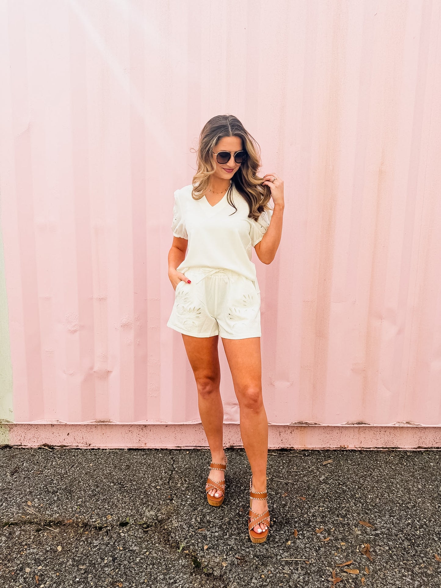 Elan Elastic Waist Eyelet Short - White
